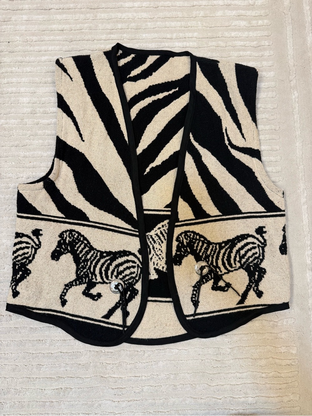 Vintage Zebra Print Safari Vest Black Cream size Medium